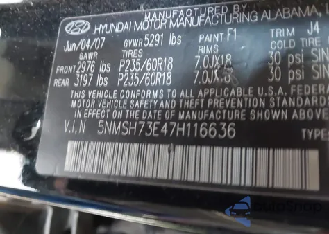 2007 Hyundai Santa Fe Se/Limited из США, поврежденный, VIN 5NMSH73E47H116636